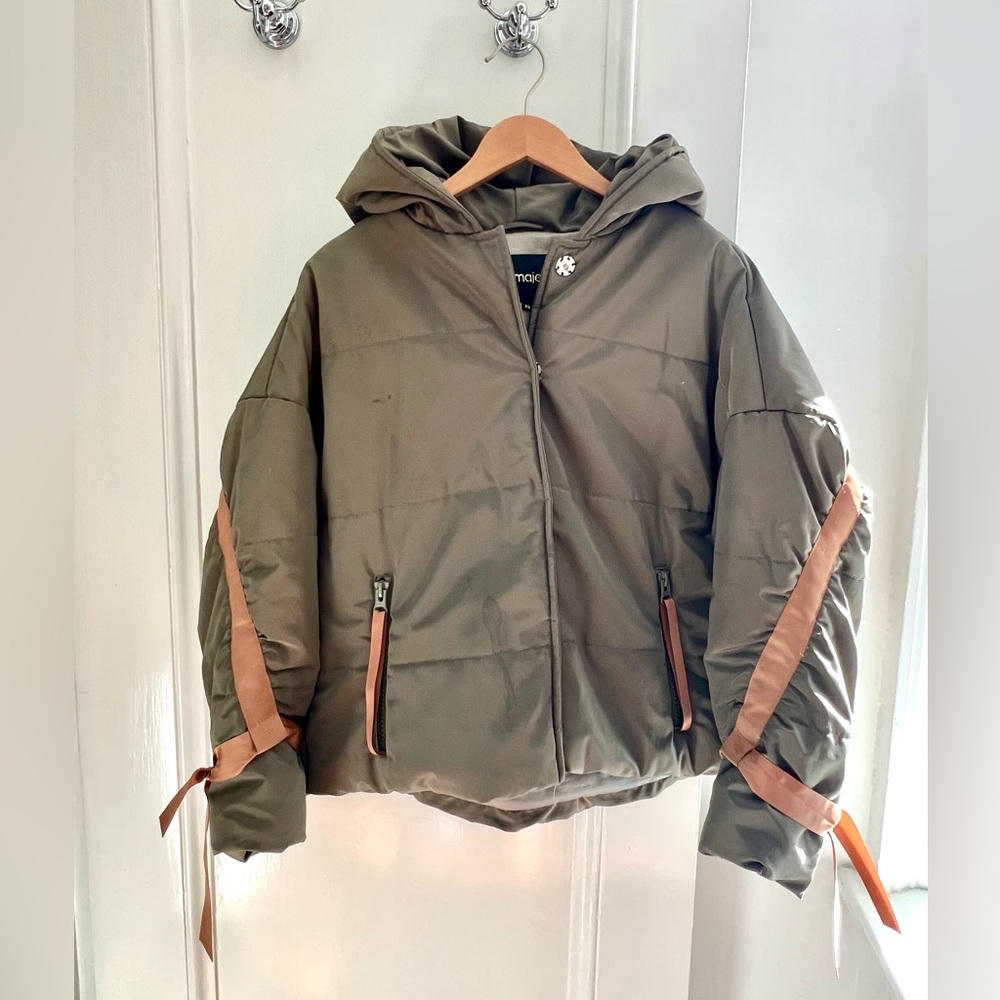 MAJE Khaki Puffer Hooded Jacket with Camel Ribbon Details.